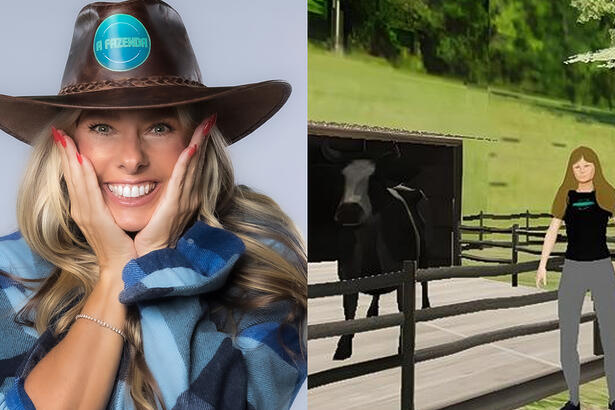 Montagem Adriane Galista com a mão no rosto, sorrindo, de camisa xadrez e chapéu de fazendeira durante ensaio promocional; Imagens do metaverso de A Fazenda