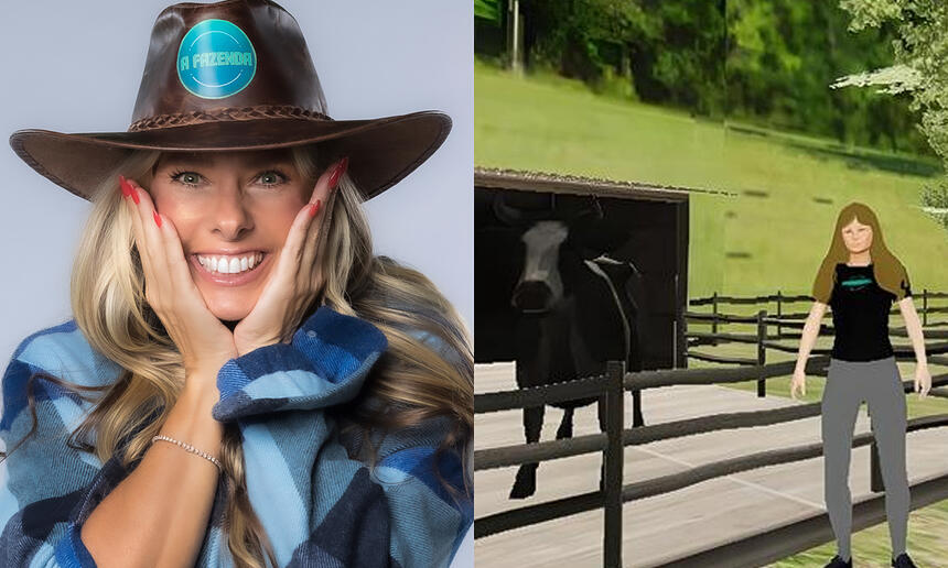 Montagem Adriane Galista com a mão no rosto, sorrindo, de camisa xadrez e chapéu de fazendeira durante ensaio promocional; Imagens do metaverso de A Fazenda