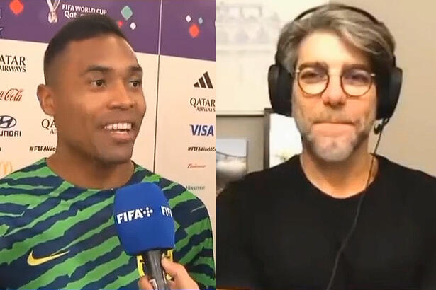 Montagem de prints de Alex Sandro dando entrevista após jogo da Seleção Brasileira e Juninho Pernambucando segurando a risada durante transmissão