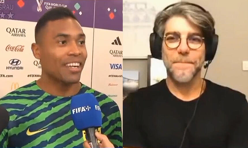 Montagem de prints de Alex Sandro dando entrevista após jogo da Seleção Brasileira e Juninho Pernambucando segurando a risada durante transmissão