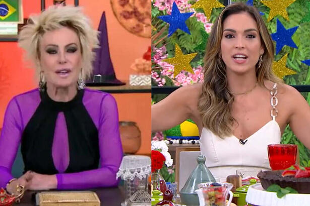 Ana Maria Braga, com uma roupa em tons roxo e preto, em montagem com Talitha Morete, com um vestido preto. Ambas estão no estúdio do Mais Você, sentadas