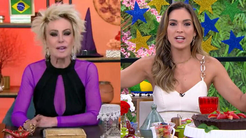 Ana Maria Braga, com uma roupa em tons roxo e preto, em montagem com Talitha Morete, com um vestido preto. Ambas estão no estúdio do Mais Você, sentadas