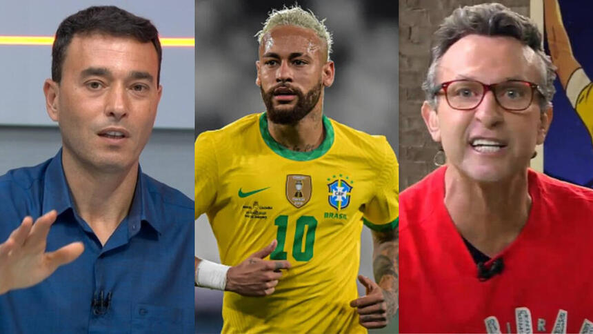 André Rizek, Neymar com a camisa da Seleção Brasileira e Neto; montagem