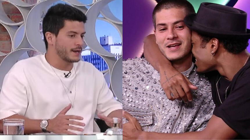 Arthur Aguiar com uma blusa branca, participando do A Tarde é Sua, em montagem com Arthur e PA abraçados no BBB 22