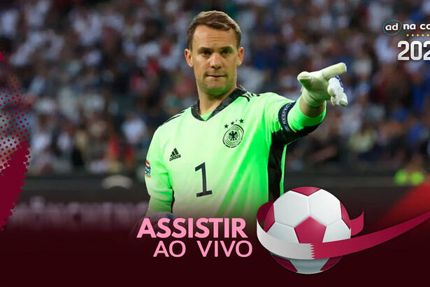 Jogador Neuer, com a camisa de goleiro da Alemanha, na arte onde assistir ao jogo Alemanha x Japão