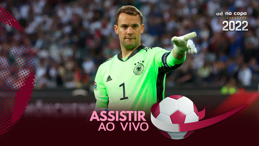 Jogador Neuer, com a camisa de goleiro da Alemanha, na arte onde assistir ao jogo Alemanha x Japão