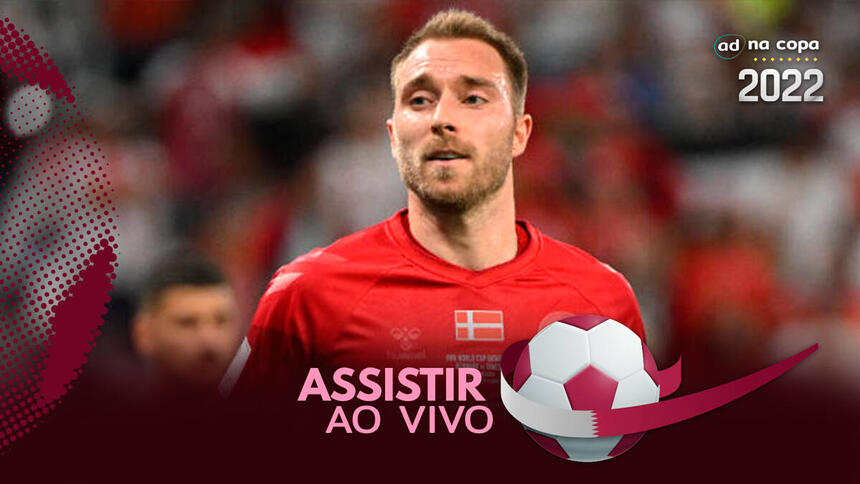 Jogador Eriksen, com a camisa da Dinamarca, na arte de onde assistir ao jogo Austrália x Dinamarca