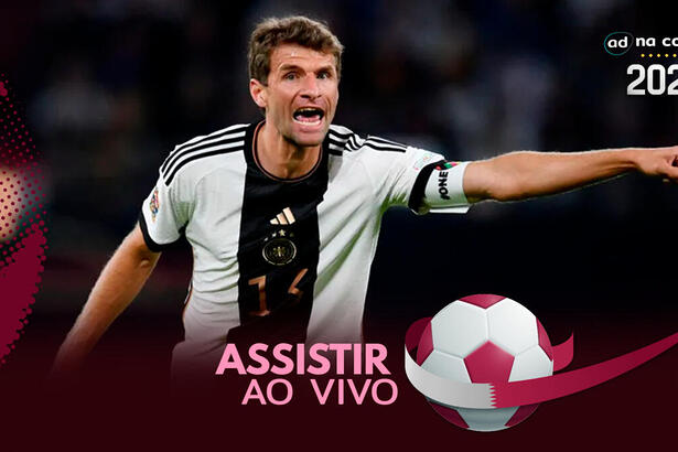 Jogador Thomas Müller, com a camisa da Alemanha, na arte de onde assistir Costa Rica x Alemanha