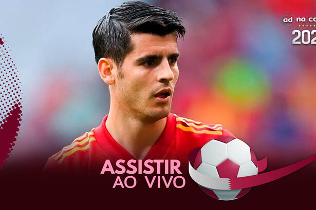 Jogador Álvaro Morata, com a camisa da Espanha, na arte onde assistir ao jogo Espanha x Costa Rica