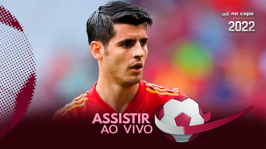 Jogador Álvaro Morata, com a camisa da Espanha, na arte onde assistir ao jogo Espanha x Costa Rica