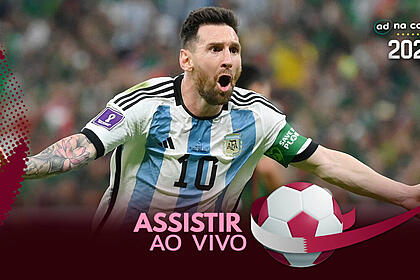 Jogador Messi, com a camisa da Argentina, na arte de onde assistir ao jogo Polônia x Argentina