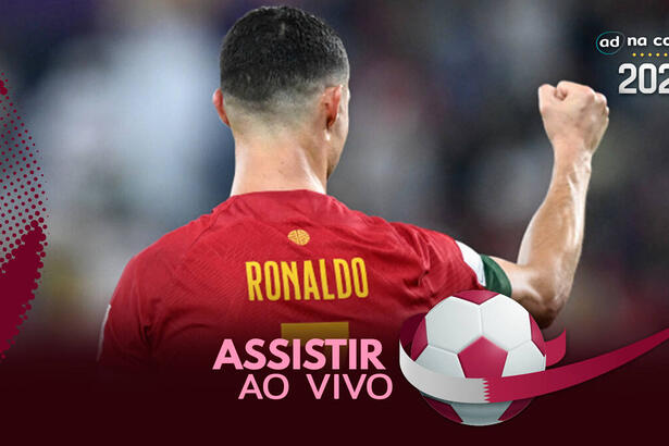 Jogador Cristiano Ronaldo, com a camisa de Portugal, na arte onde assistir ao jogo Portugal x Uruguai