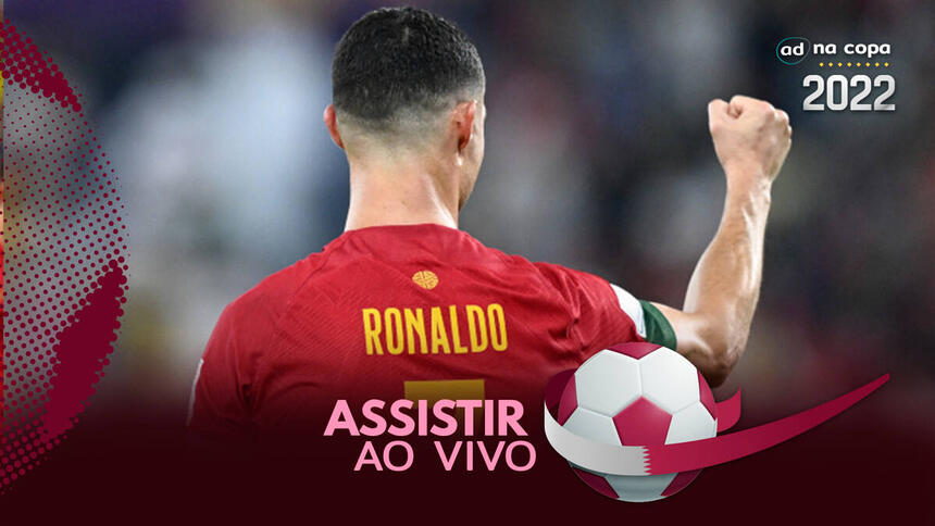 Jogador Cristiano Ronaldo, com a camisa de Portugal, na arte onde assistir ao jogo Portugal x Uruguai