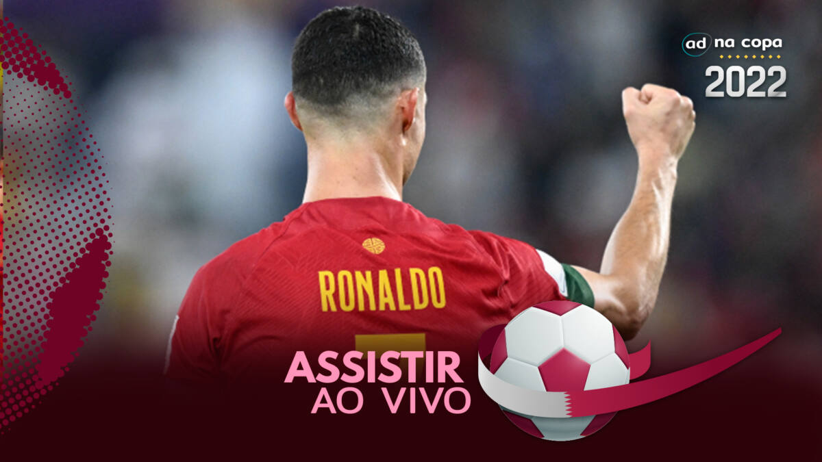 Jogador Cristiano Ronaldo, com a camisa de Portugal, na arte onde assistir ao jogo Portugal x Uruguai