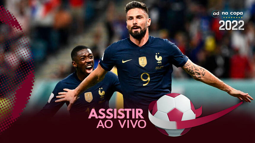 Jogador Giroud, com a camisa França, na arte de onde assistir ao Jogo Tunísia x França