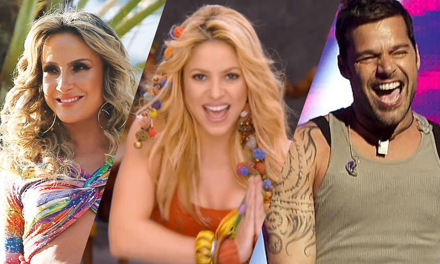 Montagem com fotos de Claudia Leitte, Shakira e Ricky Martin