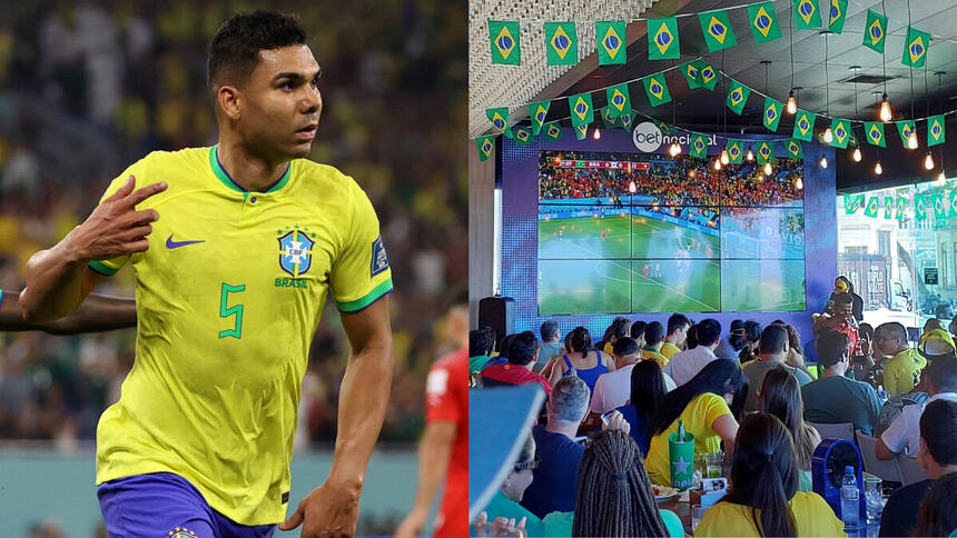 Casemiro, comemrando gol com a camisa da Seleção Brasileiro, em montagem com torcedores assistindo o jogo pela TV Globo em telão montado no restaurante Seu Boteco, no Recife antigo