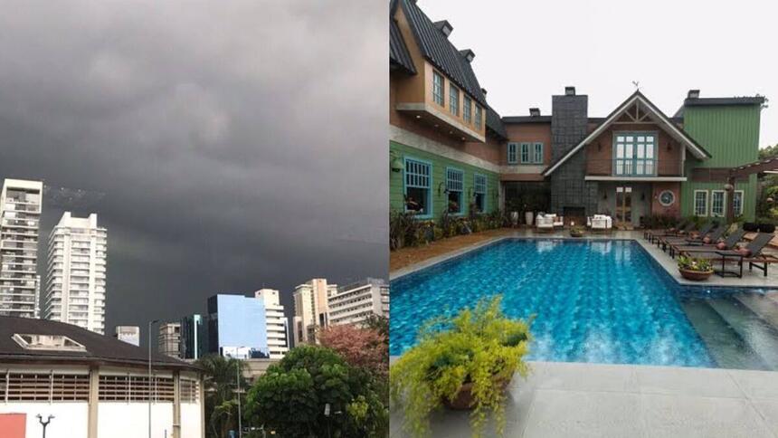 Na imagem aparece o céu carregado de chuva na cidade de São Paulo. Do outro lado da imagem a sede de A Fazenda 14.