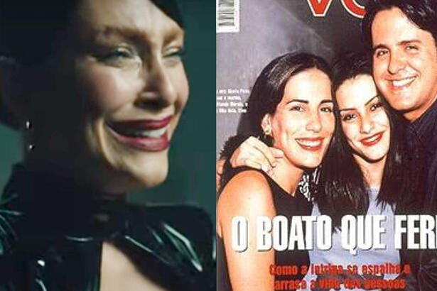 Montagem de print do clipe de Cleo Pires com ela chorando, de look de couro preto e cabelo preso ao lado da capa da Veja com Gloria Pires, Orlando Morais e Cleo