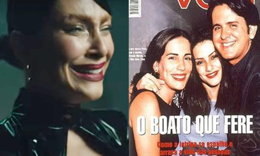 Montagem de print do clipe de Cleo Pires com ela chorando, de look de couro preto e cabelo preso ao lado da capa da Veja com Gloria Pires, Orlando Morais e Cleo