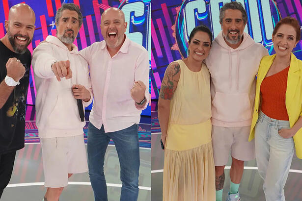 Montagem de Alex Escobar, Poliana Abritta ao lado de Marcos Mion durante gravação do Caldeirão, da TV Globo