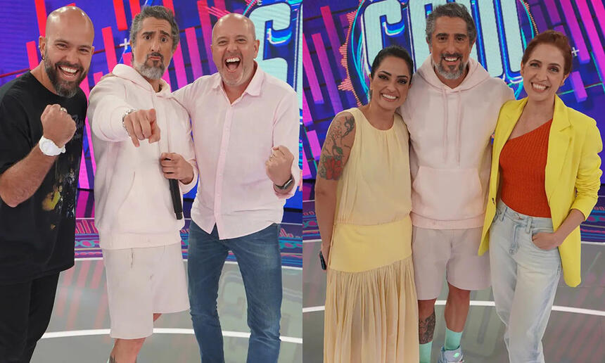 Montagem de Alex Escobar, Poliana Abritta ao lado de Marcos Mion durante gravação do Caldeirão, da TV Globo