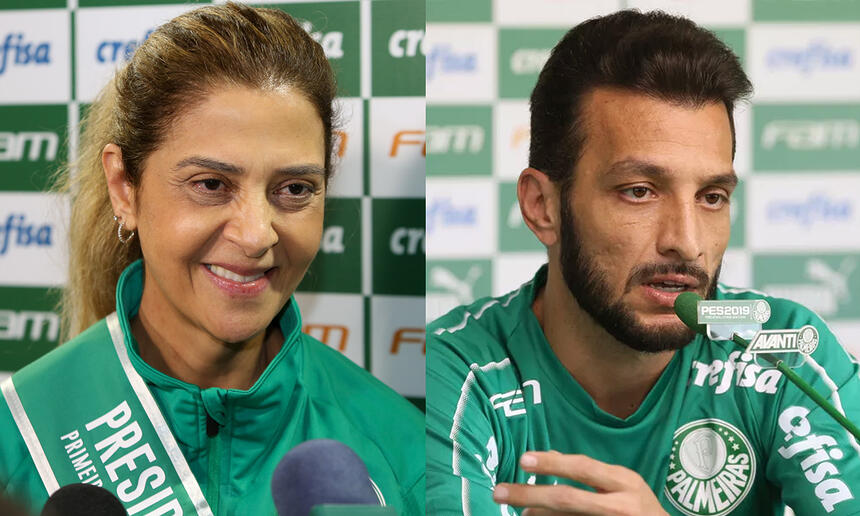 Leila Pereira e Edu Dracena com a camisa do Palmeiras durante entrevista