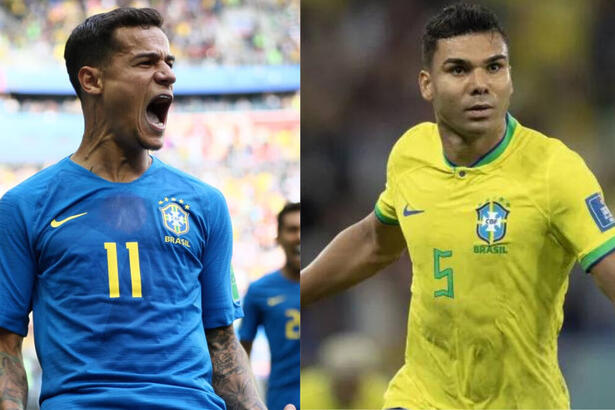 Coutinho, com a camisa azul do Brasil, em montagem com Casemiro, com a camisa amerela, comemorando gol com a camisa da Seleção