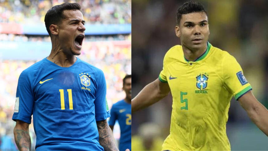 Coutinho, com a camisa azul do Brasil, em montagem com Casemiro, com a camisa amerela, comemorando gol com a camisa da Seleção