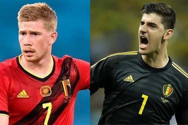 De Bruyne e Courtois em uma montagem, utilizando a camisa da Bélgica