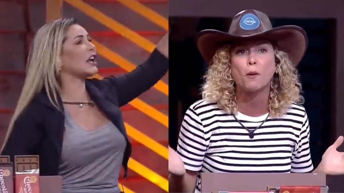 Deolane com os braços para cima discutindo com Bárbara.