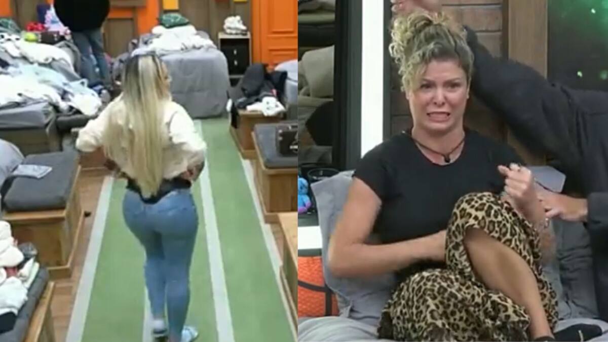 Deolane com a mão na cintura de costa discutindo com Bárbara que está de frente para ela.