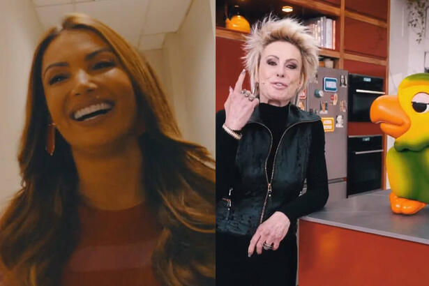 Patricia Poeta sorrindo, caminhando, de cabelo solto nos estúdios Globo; Ana Maira Braga apontando pra cima, de blazer de couro preto encostada na bancada ao lado de Louro