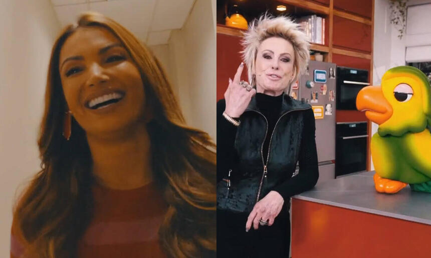 Patricia Poeta sorrindo, caminhando, de cabelo solto nos estúdios Globo; Ana Maira Braga apontando pra cima, de blazer de couro preto encostada na bancada ao lado de Louro