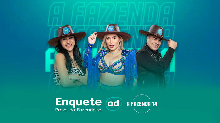 Bia Miranda, Deolane e Lucas na arte da enquete da 8ª Prova do Fazendeiro de A Fazenda 14