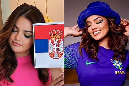 Montagem de Eslovênia Marques de camisa rosa posando ao lado da bandeira da Sérvia; Eslovênia comemorando com a camisa do Brasil