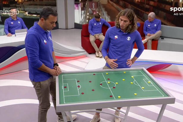 Filipe Luís e André Rizek, vestidos com o uniforme azul de esportes da Globo, em frente a mesa tática, com outros comentaristas ao fundo, em trecho do Seleção Catar