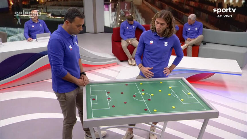 Filipe Luís e André Rizek, vestidos com o uniforme azul de esportes da Globo, em frente a mesa tática, com outros comentaristas ao fundo, em trecho do Seleção Catar