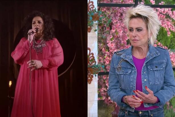 Montagem com Gal Costa se apresentando de vestido vermelho e Ana Maria Braga no cenário do Mais Você