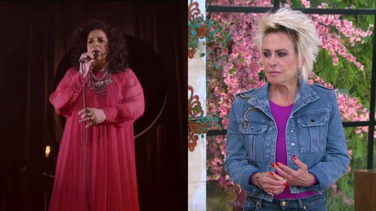 Montagem com Gal Costa se apresentando de vestido vermelho e Ana Maria Braga no cenário do Mais Você