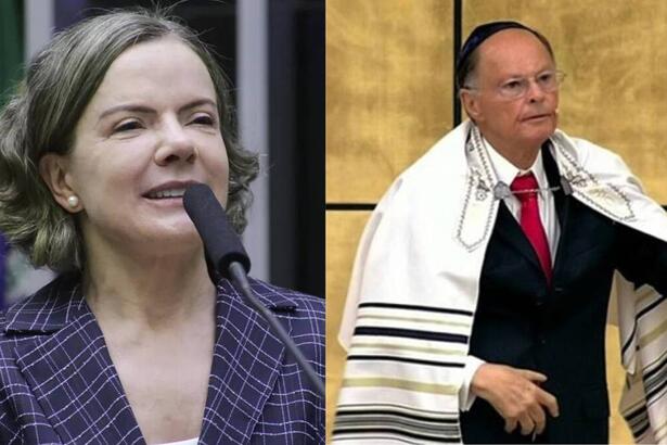 Gleisi Hoffmann durante um discurso na câmera dos deputados, em montagem com o Bispo Edir Macedo durante o culto no Templo de Salomão