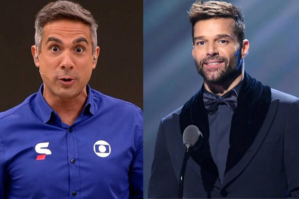 Gustavo Villani, vestindo o uniforme de esporte da Globo, em montagem com o cantor Ricky Martin, vestindo uma roupa preta