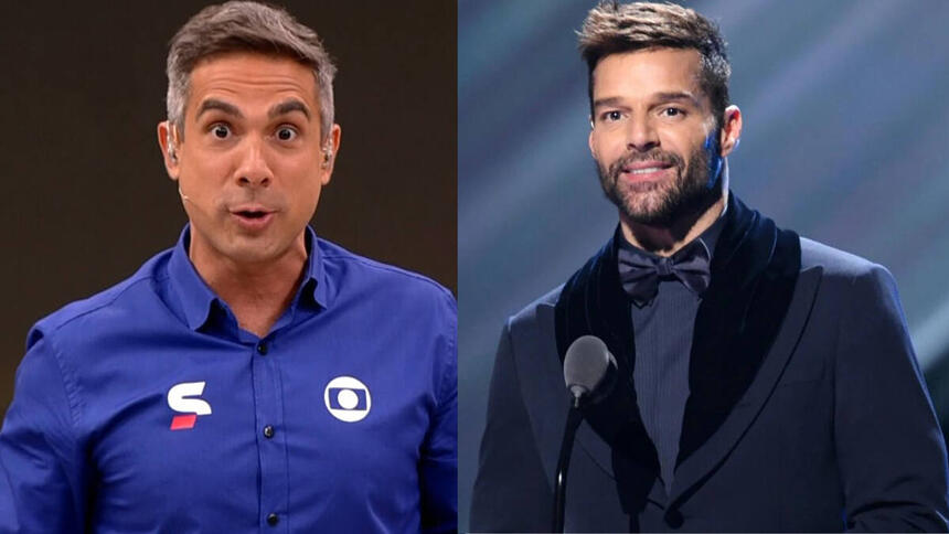 Gustavo Villani, vestindo o uniforme de esporte da Globo, em montagem com o cantor Ricky Martin, vestindo uma roupa preta