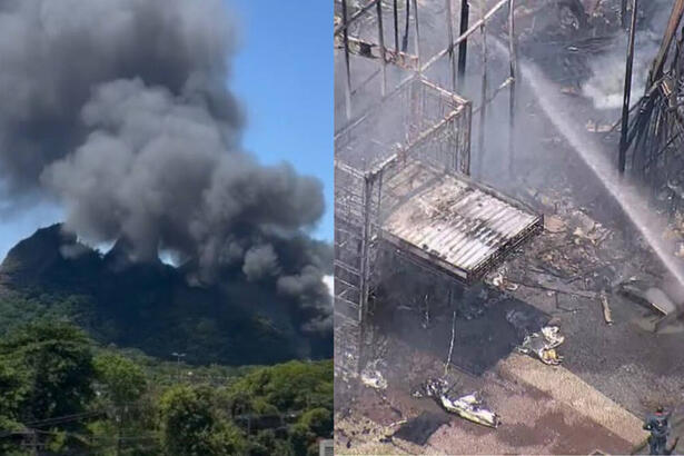 Montagem com fumaça preta saindo dos estúdios Globo onde acontece um incêndio, com local já com o fogo apagado por jatos de água