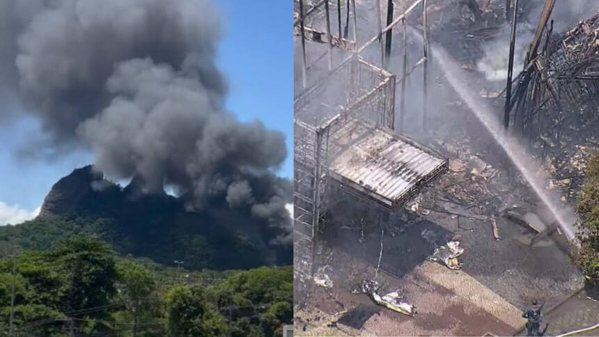 Montagem com fumaça preta saindo dos estúdios Globo onde acontece um incêndio, com local já com o fogo apagado por jatos de água