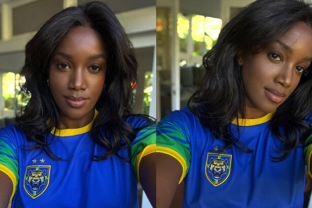 Montagem com duas fotos da cantora Iza com uma camisa semelhante a da Seleção Brasileira de Futebol para a Copa do Mundo