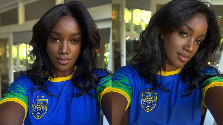 Montagem com duas fotos da cantora Iza com uma camisa semelhante a da Seleção Brasileira de Futebol para a Copa do Mundo