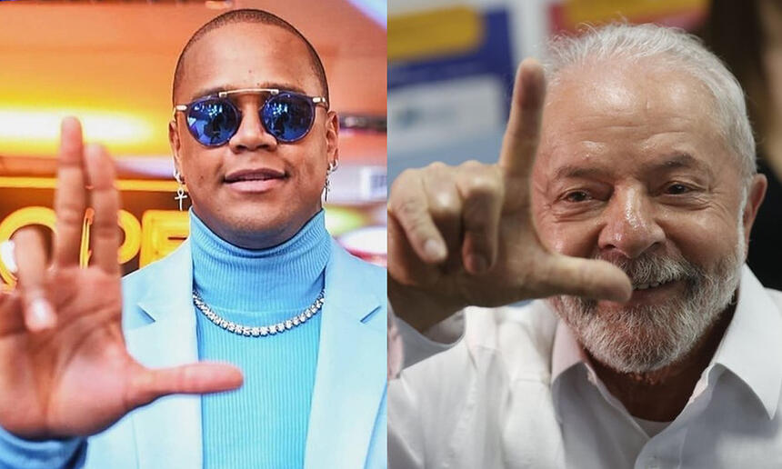 Montagem de Leo Santana (usando óculo de sol espelhadado, camisa de gola alta azul e blazer azul fazendo o L com a mão direita) e Lula, de camisa branca fazendo o L com a mão direita