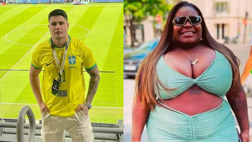 Lucas Souza com a blusa do Brasil em foto posada com o estádio da Copa no Catar ao fundo, em montagem com Jojo Todynho de top azul e óculos escuro, sorrindo