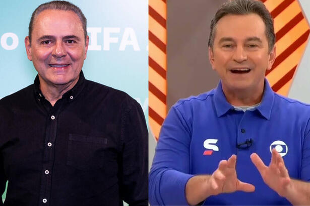 Cléber Machado com um sorriso no jogo, em um roupa preta, em frente a um banner azul da Globo. Montagem com Rembrandt Júnior, vestindo o uniforme azul de esportes da Globo, em trecho de uma transmissão